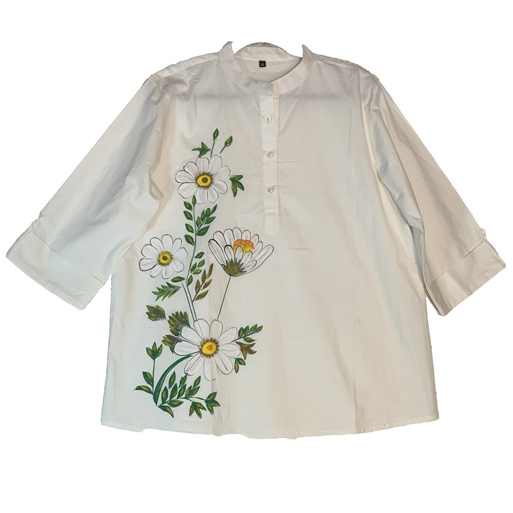 Hand Painted White Cotton Blouse XXL  Floral India Boho Art to Wear 42" NWOT